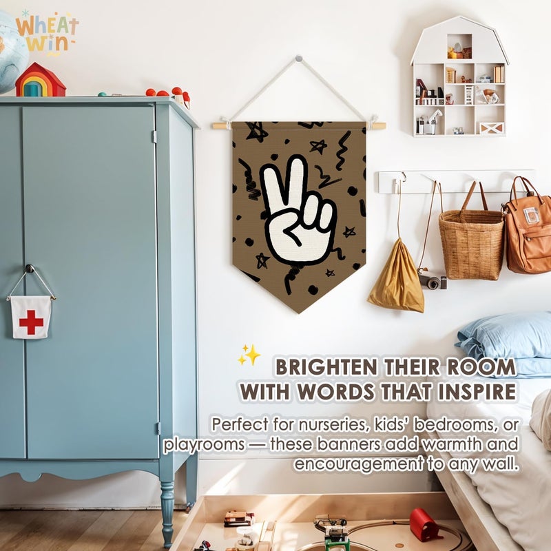 Wheatwin Boys Room Decor, Trendy Retro Wall Decor for Kids Toddler Nursery Room Bedroom Playroom, Peace Sign Brown Wall Hanging Pennant Flag Banner 15x11 Inch - Image 3